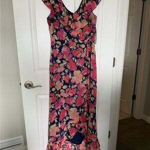 London Times Navy Maxi Dress with Pink Floral Print